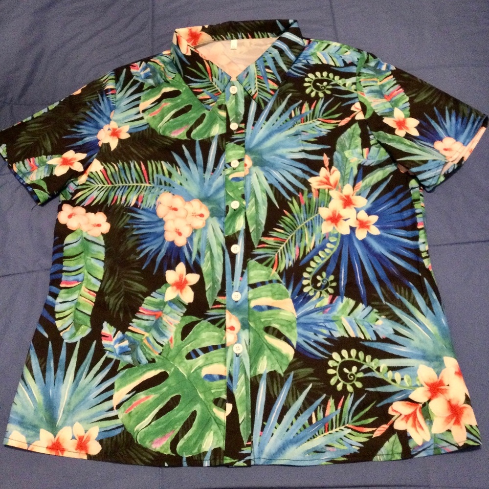 🌺 Hawaiian Island Shirt Womens XL -Short sleeve, Blue Pink Floral, Fern, Island
